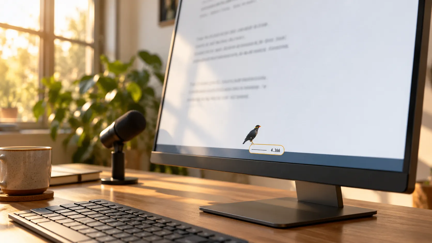 Schreibtisch mit Monitor, an dessen unterem Rand die Statuspill von Beo über einem Textfenster sitzt