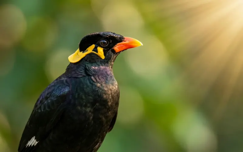 Ein Beo-Vogel mit gelbem Kopflappen und orangem Schnabel vor sonnigem grünem Laub