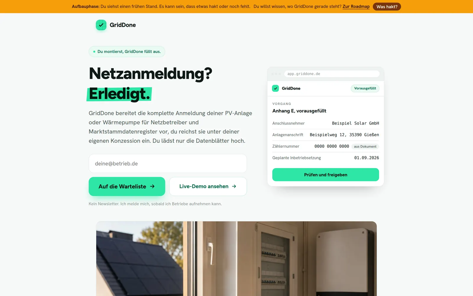 Startseite von GridDone am Desktop