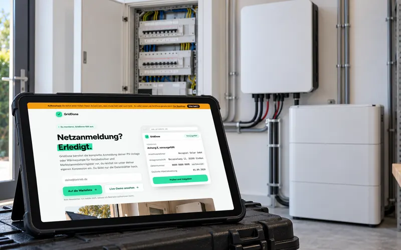 Tablet mit GridDone vor einem neuen Zählerschrank mit Wechselrichter und Batteriespeicher
