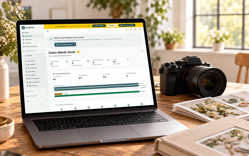 Schreibtisch einer Fotografin mit Kamera, Abzügen und einem Laptop, auf dem SnapFlow läuft