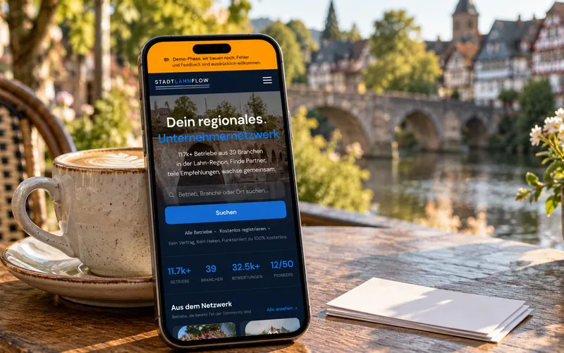 Smartphone mit Stadt Lahn Flow auf einem Cafétisch in einer Altstadt an der Lahn