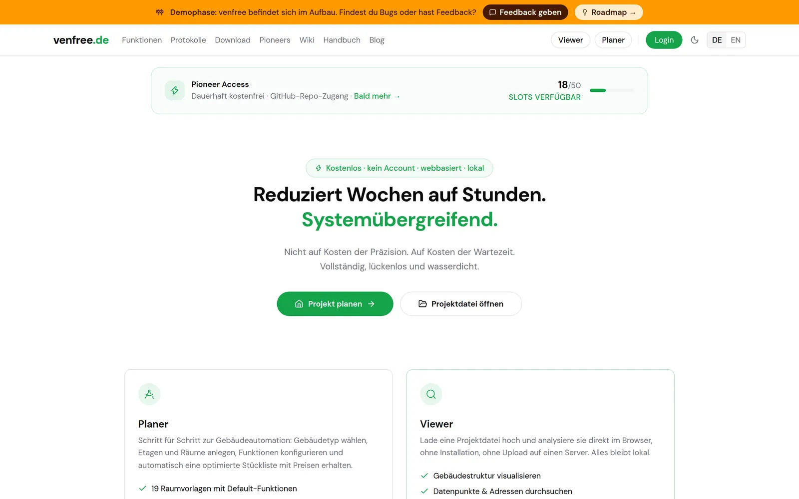 Startseite von venfree am Desktop