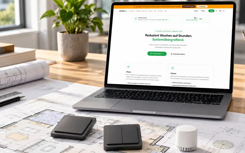 Planungstisch mit Grundriss, Smart-Home-Schaltern und einem Laptop, auf dem venfree geöffnet ist