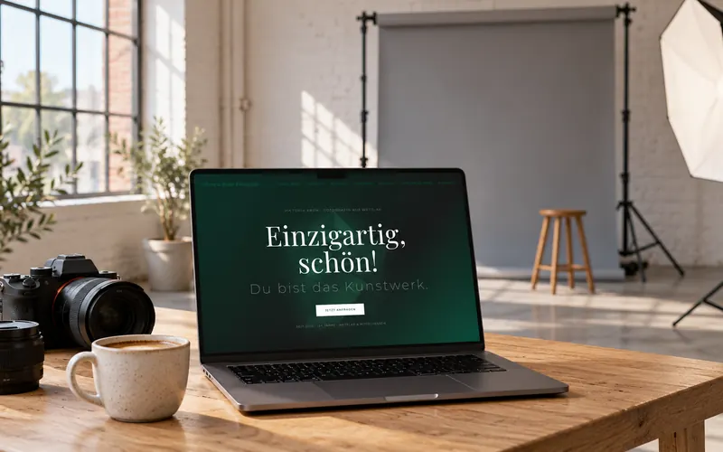 Fotostudio mit Hintergrundrolle und Softbox, vorn eine Kamera und ein Laptop, auf dem die Webseite von Viktoria From geöffnet ist