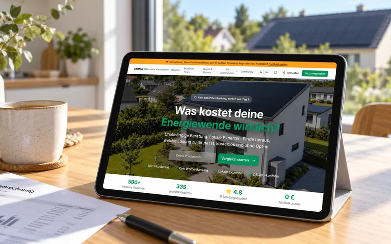 Tablet mit voltfair auf dem Küchentisch, im Fenster dahinter ein Dach mit Solarmodulen