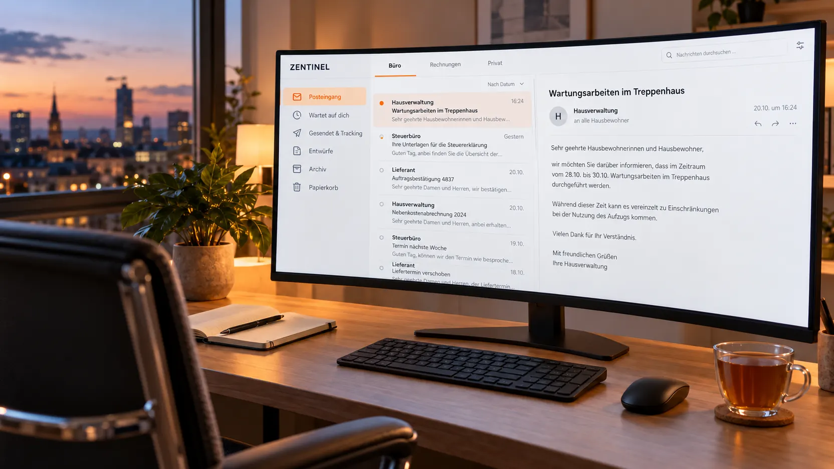 Aufgeräumter Schreibtisch mit breitem Monitor, auf dem das Mailprogramm ZENTINEL geöffnet ist