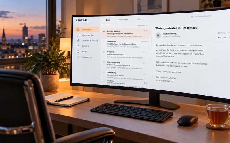 Aufgeräumter Schreibtisch mit breitem Monitor, auf dem das Mailprogramm ZENTINEL geöffnet ist